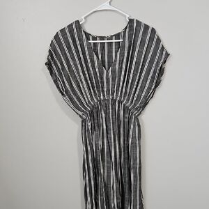 Striped V-Neck Cinched Waist Maxi Dress - Black and White